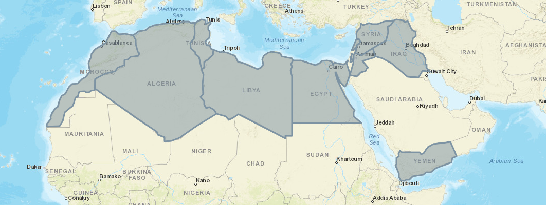 Map with Algeria, Libya, Morocco, Tunisia, Iraq, Jordan, Lebanon, Egypt, Syria, West Bank/Gaza, and Yemen highlighted