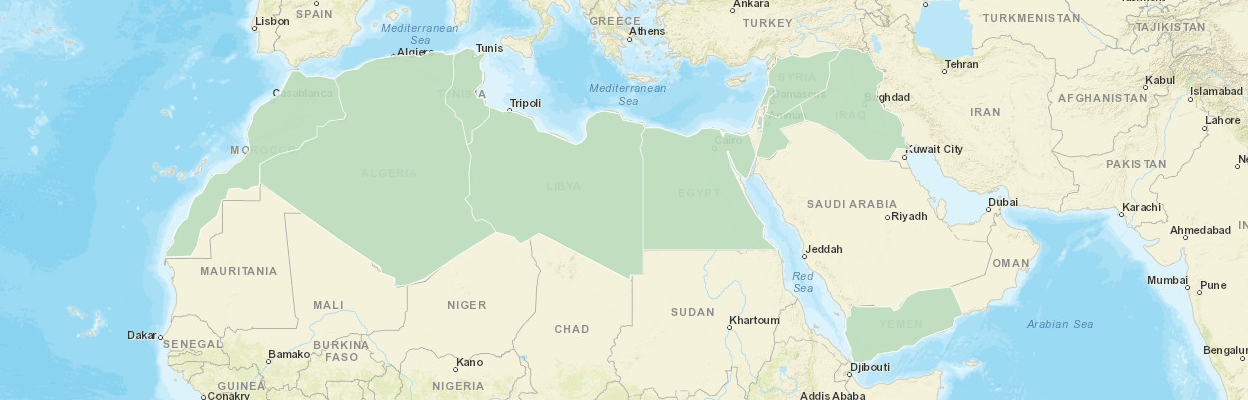 Map with Algeria, Libya, Morocco, Tunisia, Iraq, Jordan, Lebanon, Egypt, Syria, West Bank/Gaza, and Yemen highlighted