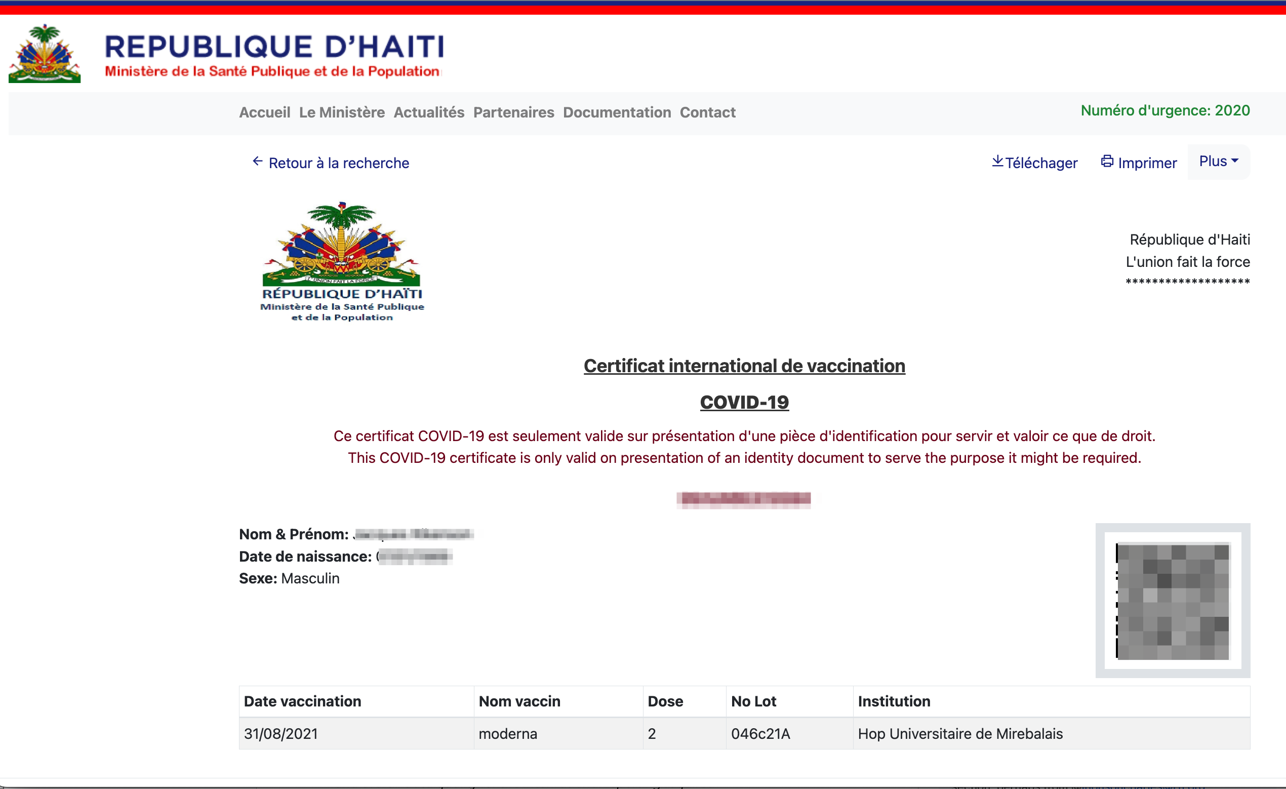 Screenshot of a vaccination certificate from Passe Sanitaire