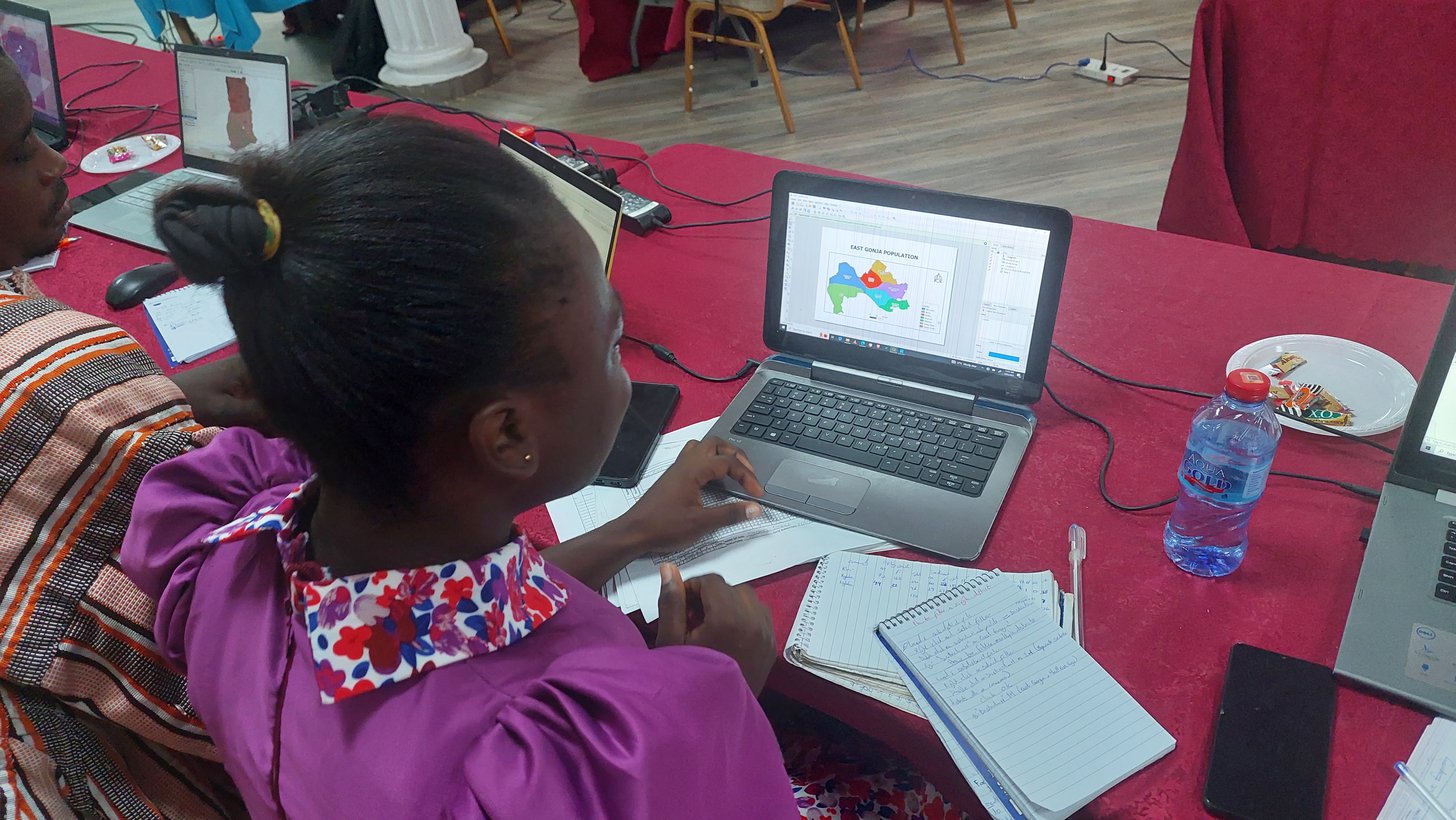 A woman looks at a computer screen