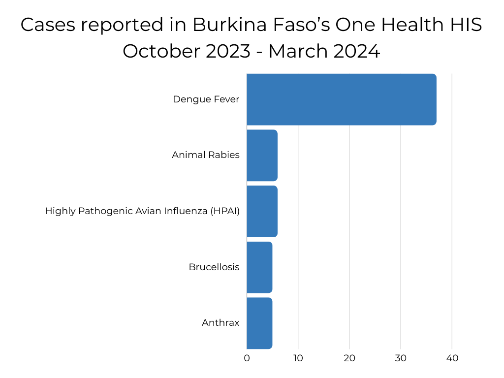 Cases reported in Burkina Faso's One Health HIS from October 2023 - March 2024